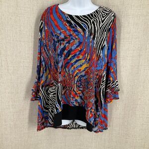 Caleesa Tunic Top Womens PXL Multicolor Abstract Zebra Ruffle Boho Artsy Bold
